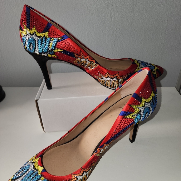 INC International Concepts Shoes - INC International Concepts Red Comic-Print Pointed-Toe Crystal Heels